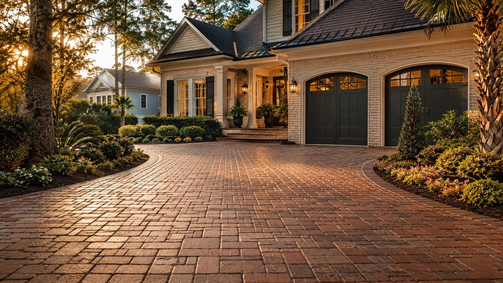 Freshly sealed paver driveway at a Summerville home